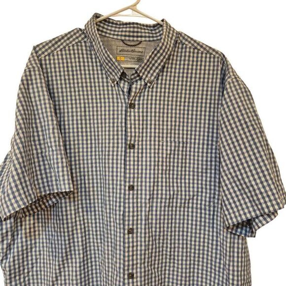 Eddie Bauer Men's Dusty Blue & White Mini Gingham Check Button Down Short Sleeve - Picture 2 of 11